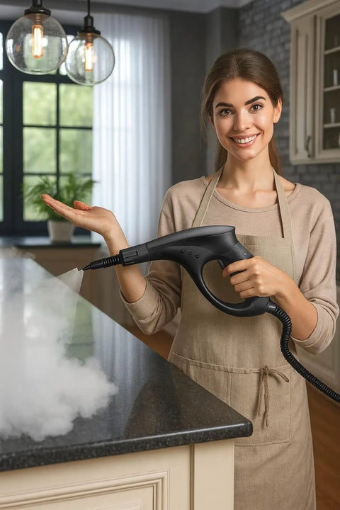 Woman using Heavy Duty Steam Cleaner Kit Packing One Thousand Fifty Watts Of Scalding Vapor For Forty Five Minutes Of No Sweat Scrubbing.