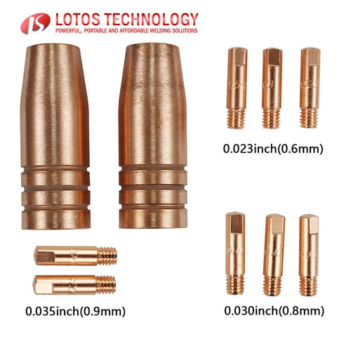 Top Notch Lotos MIG Torch Consumables Kit with two copper nozzles and four contact tips for MIG140 and MIG175 welders.
