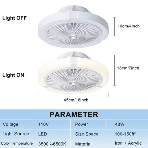 Bladeless 18Inch Flush Mount Ceiling Fan With Light Remote Control Low Profile Enclosed Design display with dimensions and parameters.