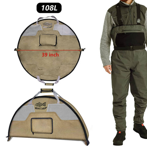 Vented Mesh Wader Bag With Foldable Changing Pad For Fishing And Hunting Gear 35L Capacity 16 By 40 By 7 Inches Khaki Portable