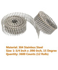 3600-Count Stainless Steel Ring-Shank Siding Nails, 1-3/4 Inch By 0.090 Inch, 15-Degree Wire-Collated Coil Nails in rolls