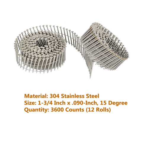 3600-Count Stainless Steel Ring-Shank Siding Nails, 1-3/4 Inch By 0.090 Inch, 15-Degree Wire-Collated Coil Nails in rolls