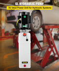 Front view of hydraulic power unit with white 6L plastic reservoir and black motor, mounted on a car lift (VEVOR).