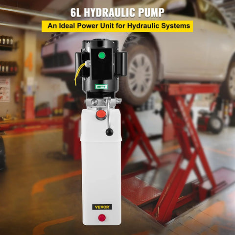Front view of hydraulic power unit with white 6L plastic reservoir and black motor, mounted on a car lift (VEVOR).