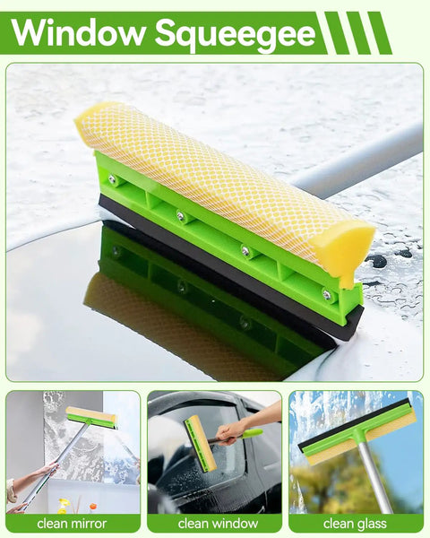 Green window squeegee cleaning car windshield with reflection, part of 62 Inch Long Handle Car Wash Kit With Microfiber Heads.