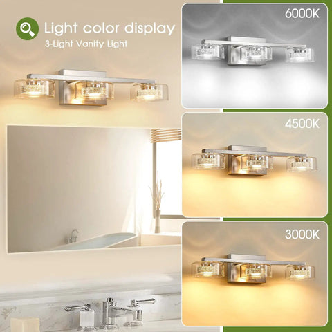 Dimmable Led Three Light Bathroom Vanity Light Over Mirror With Modern Crystal Brushed Nickel Finish And Clear Glass Shades Display