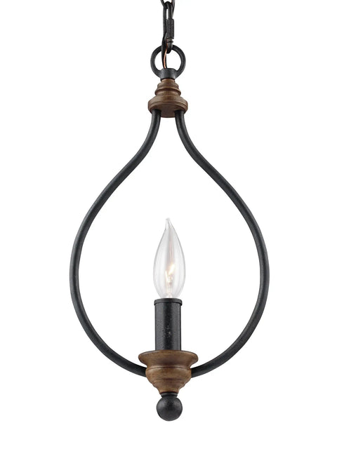 Hartsville Mini Farmhouse Pendant Light In Bronze And Weathered Zinc Finish 1 Light Torpedo Candelabra Socket 8 Inch Dia By 15 Inch Tall 60 Watt Bulb Ready Rustic Ceiling Pendant, showing a rustic frame with a clear bulb.