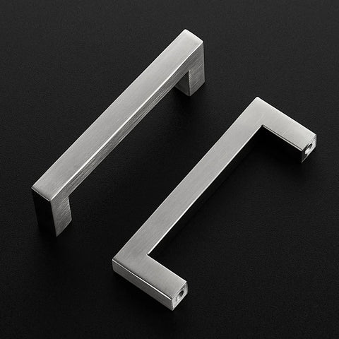 Two 30 Pack 4 Inch Brushed Nickel Cabinet Pulls Square Handles for Kitchen Cabinets with 4 Inch Center to Center Mounting displayed on black background.