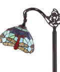 Dragonfly Tiffany-Style 60-Inch Arched LED Floor Lamp in Bronze with stained glass dragonfly design shade, lit up with energy-saving LED bulbs included.
