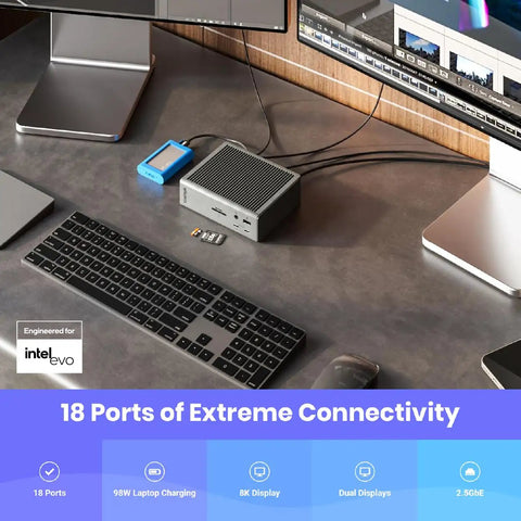 Next Level Thunderbolt 4 Dock Packing 18 Ripping Fast Ports Delivers 98 Watt Juice Powers Flawless 8K Dual Monitors And Boasts Blazing Ethernet For Mac And Windows on a desk with monitors and keyboard.