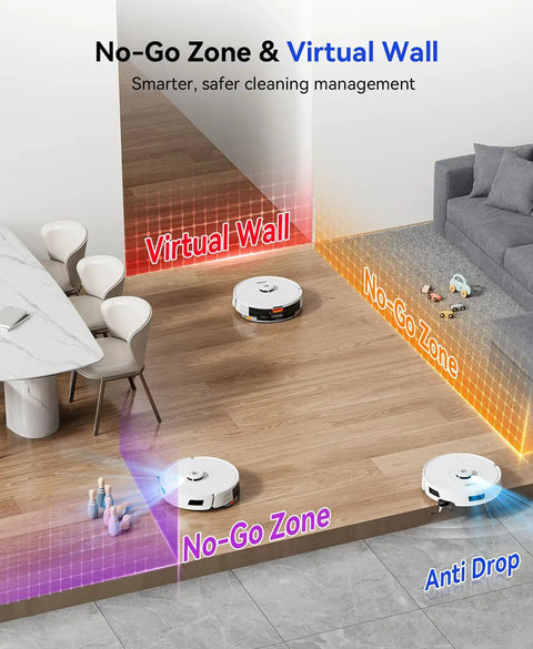 Robot Vacuum And Mop With Beast 20000 Pa Suction showing virtual wall and no-go zones on wooden floor, white