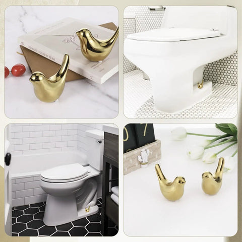 2 Pack Ceramic Gold Bird Toilet Bolt Caps Universal Fit Replacement Toilet Screw Covers Decorative Bird Caps for Bolts No Cutting or Tools Needed Durable Ceramic for Easy Install shown on toilet