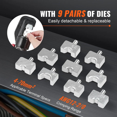 Heavy-Duty Hydraulic Crimping Tool Kit for AWG 12 to 2/0 Copper and Aluminum Terminals with 9 pairs of detachable dies