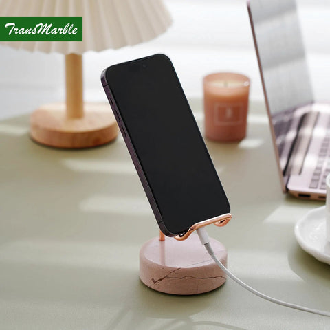 Marble Phone Stand With Metal Holder Charges While You Use It, Swipe Up To Unlock, Natural Marble Base, Rose Pink And Rose Gold