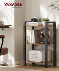 Narrow Three Tier Bookshelf For Tiny Spots, Heavy Duty Steel Rack In Rustic Brown And Matte Black, Awesome Low Profile Storage Piece For Chill Living Rooms Or Home Offices with books and decor.