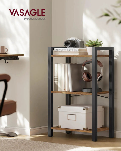 Narrow Three Tier Bookshelf For Tiny Spots, Heavy Duty Steel Rack In Rustic Brown And Matte Black, Awesome Low Profile Storage Piece For Chill Living Rooms Or Home Offices with books and decor.