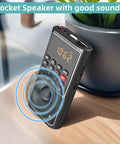 Pocket Mini FM Radio And MP3 Player With USB TF Card Support showing frequency display and control buttons on table