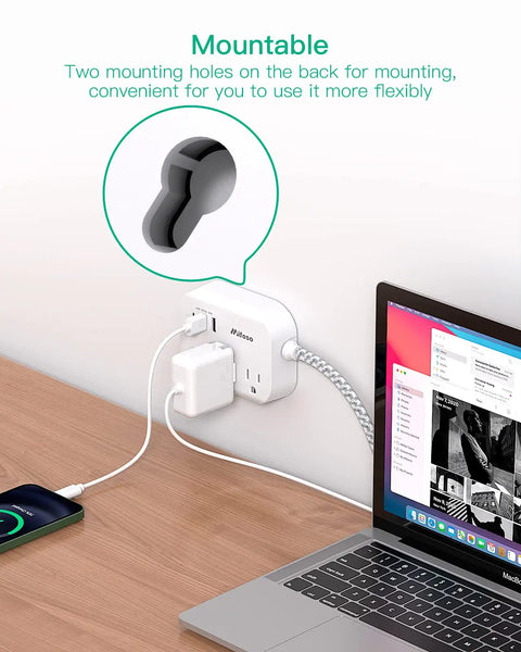 Flat Plug Power Strip With 3 Outlets And 3 USB Ports Including 20W USB C Power Delivery 5Ft Braided Extension Cord wall mounted