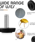 Wide range of uses for 4 Pack 1/4-20 Adjustable Furniture Levelers Galvanized Steel Screw-In Leveling Feet preventing floor scratches.