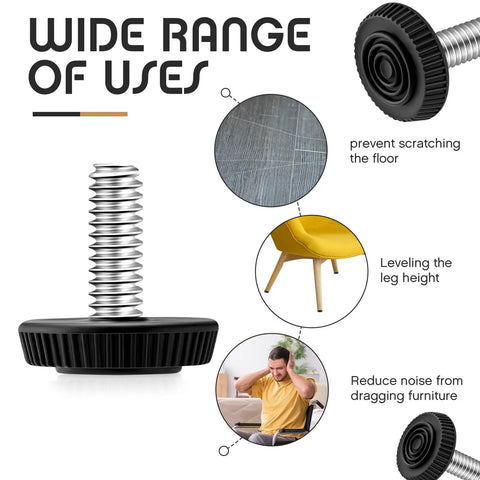 Wide range of uses for 4 Pack 1/4-20 Adjustable Furniture Levelers Galvanized Steel Screw-In Leveling Feet preventing floor scratches.