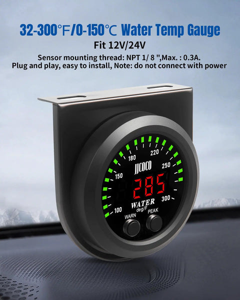 Dual Alert Water Temperature Gauge With 1 Eighth NPT Sensor And Bracket 300F Digital LED Display For Cars Trucks Boats And Marine Applications 52mm 2 Inch Mount Real Time Cooling Temp Monitor For Your Ride, black round gauge