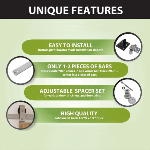 Unique features of Beefy 60 Inch Brushed Nickel Top Mount Bi Folding Sliding Barn Door Hardware Kit showing installation ease and quality parts.