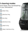 Baby Brezza Bottle Washer Pro in black, front-right view showing the control panel and six cleaning modes.