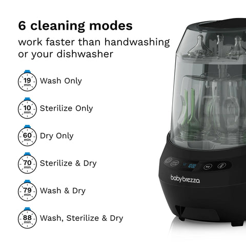 Baby Brezza Bottle Washer Pro in black, front-right view showing the control panel and six cleaning modes.