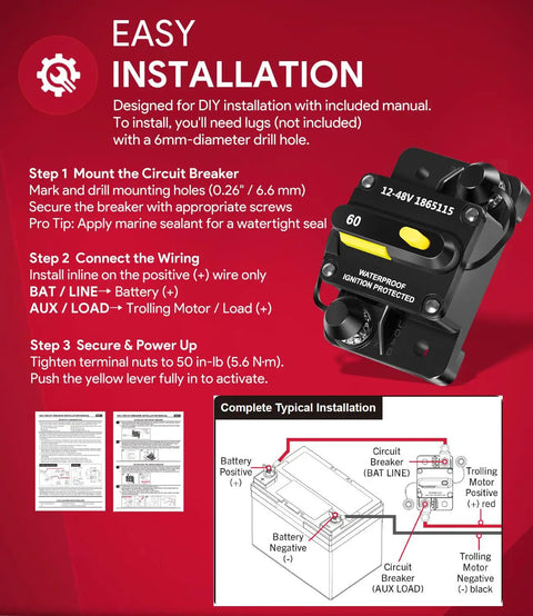 Installation instruction sheet with 60 Amp Waterproof Circuit Breaker For All 12V To 48V Electric Trolling Motors MKR-27 Replacement Part.