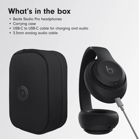 Studio Pro Premium Wireless Over Ear Headphones With Up To 40 Hour Battery Life And Active Noise Cancellation Crystal Clear Calls Great For Travel And Commute USB C Lossless Audio Apple And Android Compatible Black, shown with carrying case and cables.