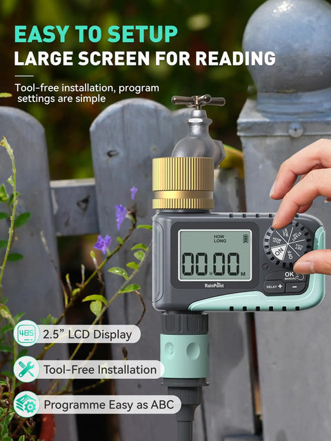 Brass Swivel Sprinkler Timer Set For Garden Hose, 2-Pack No-Fuss Programmable Hose Timer With Rain Delay And Manual Watering in use