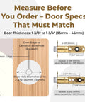 Square Spindle Door Latch Replacement With Adjustable Backset Quick Swap No Sweat Install For Bedroom And Bathroom Door Knob Assembly Rock Solid Stainless Steel Matte Black measuring guide with door specs for proper fit.