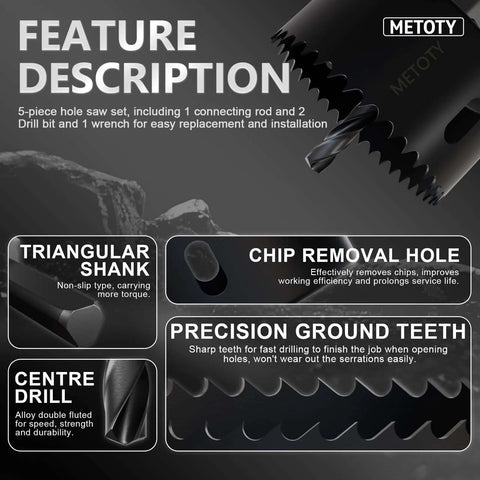 METOTY 9-piece hole saw kit with mandrel and accessories; front view shows serrated hole saws and center drill