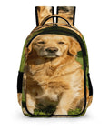 Grass Retriever Printed Backpack For Men And Women showing golden retriever design on large polyester daypack.