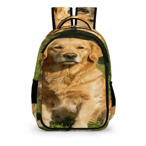 Grass Retriever Printed Backpack For Men And Women showing golden retriever design on large polyester daypack.