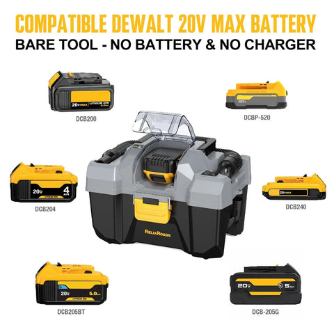20V Cordless Wet Dry Shop Vacuum Cleaner, 2.6 Gallon Capacity, Bare Tool With No Battery And Charger, Model RCSV-20 with compatible batteries