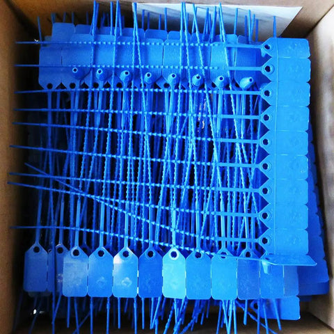 Blue Fire Extinguisher Tamper Seals 1000 Pack UL Rated Non Dated Security Seals in a box, heavy duty plastic, 9 inches long.