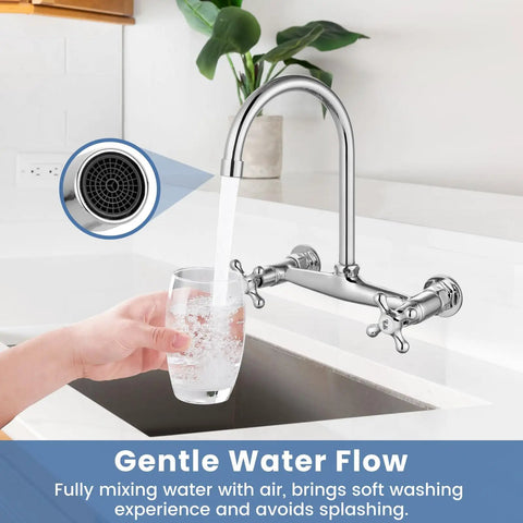 Wall Mount Commercial Kitchen Faucet With 360 Degree Swivel Spout 8 Inch Center Heavy Duty Solid Brass Body Chrome Finish Anti Rust Coating One Point Eight GPM Flow Female Thread Connection