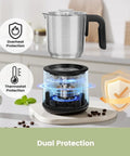 5 In 1 Stainless Steel Milk Frother And Steamer For Hot Or Cold Froth Pro Grade Latte Cappuccino Macchiato And Hot Chocolate Maker Auto Shutoff Anti Dry Burn Protection Easy To Clean Durable Kitchen Barista Tool shown with dual protection features