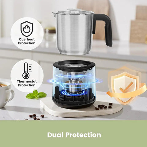 5 In 1 Stainless Steel Milk Frother And Steamer For Hot Or Cold Froth Pro Grade Latte Cappuccino Macchiato And Hot Chocolate Maker Auto Shutoff Anti Dry Burn Protection Easy To Clean Durable Kitchen Barista Tool shown with dual protection features