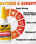 Heavy Duty Clear Thick CA Glue Instant Bond For Plastic Ceramic Leather Metal Glass Wood And Shoe Soles Ultra Fast 10 To 50 Seconds Cure Strong Oily Liquid Adhesive For Quick Repairs bottle with features and benefits chart.
