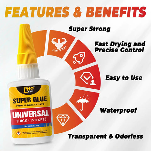 Heavy Duty Clear Thick CA Glue Instant Bond For Plastic Ceramic Leather Metal Glass Wood And Shoe Soles Ultra Fast 10 To 50 Seconds Cure Strong Oily Liquid Adhesive For Quick Repairs bottle with features and benefits chart.