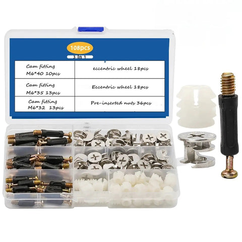 Heavy Duty Cam Lock Fittings 108 Piece Premium Eccentric Wheel Connectors Rust Proof Hardware Kit for cabinet assembly