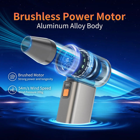 Cordless Air Duster With Stepless Speed Control and Brushless Motor Metal Shell Blower Delivers 120000 RPM, shown with power motor emphasis.