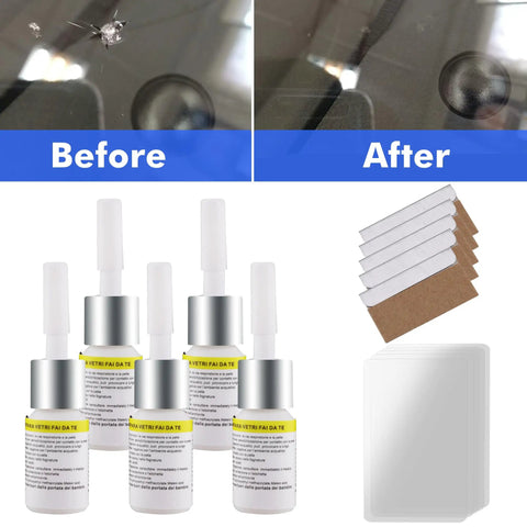 5 Pack Windshield Chip Repair Kit Quick Fix With Glass Repair Resin Liquid For Auto Glass, showing before and after results.