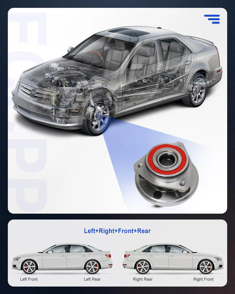 Front Wheel Bearing Hub Assembly 513084, shown with transparent car image and detailed hub close-up for installation reference.