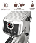 Pro Semi Automatic Espresso Maker With Built In Milk Frother And Touch Screen for crafting smooth lattes showing 20 bar pressure gauge.