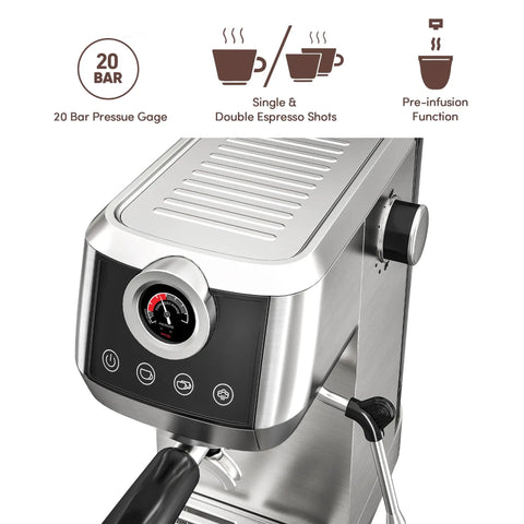 Pro Semi Automatic Espresso Maker With Built In Milk Frother And Touch Screen for crafting smooth lattes showing 20 bar pressure gauge.