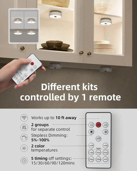 Under Cabinet Lights With Motion Sensor And 2 Color Temps Puck LEDs 1200mAh Rechargeable Battery Group Control hand holding remote