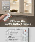 Rechargeable Puck Lights With Remote under cabinet, remote control feature, 2-groups, dimming and timing settings visible